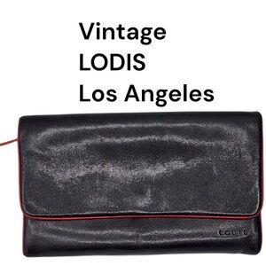 Vintage Lodis Los Angeles Smooth Black Leather Wallet Clutch Red Trim Zip Coin